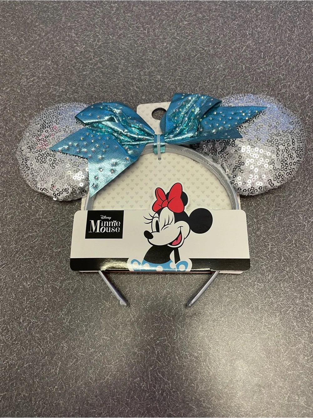 Disney Minnie Mouse Silver Sequin Ears Headband with Blue Bow